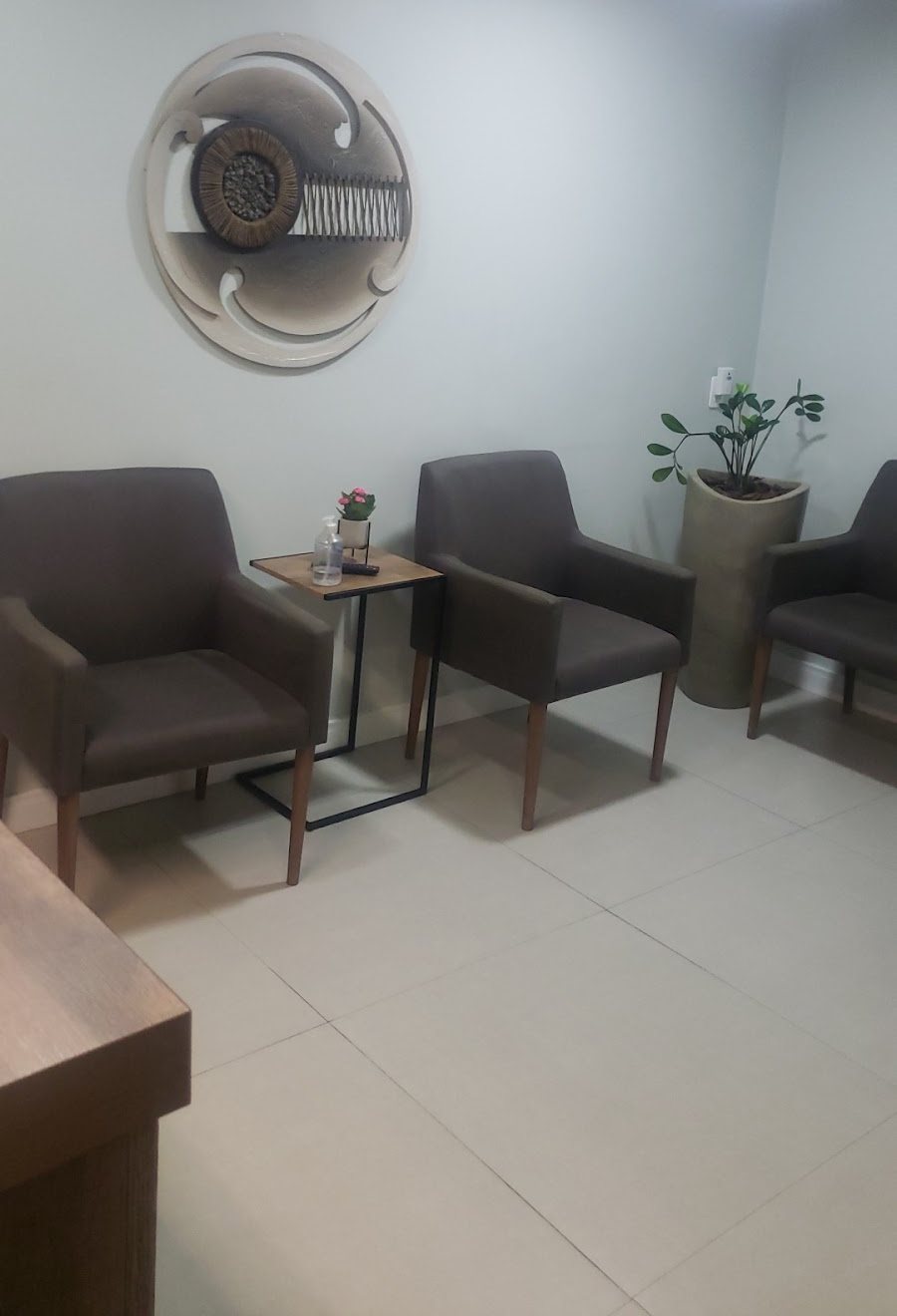 Sala de espera com poltronas, mesa lateral e vaso de planta