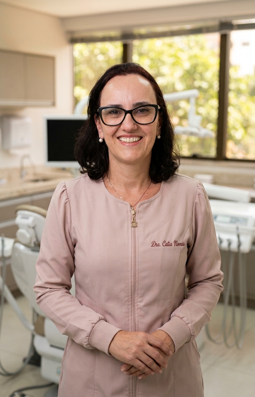 Dra. Cátia Ribeiro Novais, sorrindo, de óculos e jaleco rosé, em um dos consultórios da clínica
